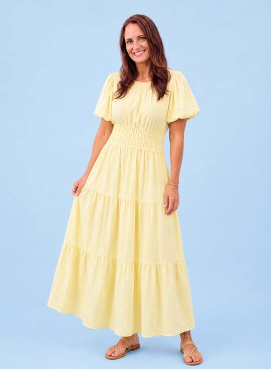 THML Dresses & Skirts - THML Women's Yellow Puff Sleeve Tiered Midi Dress Size M